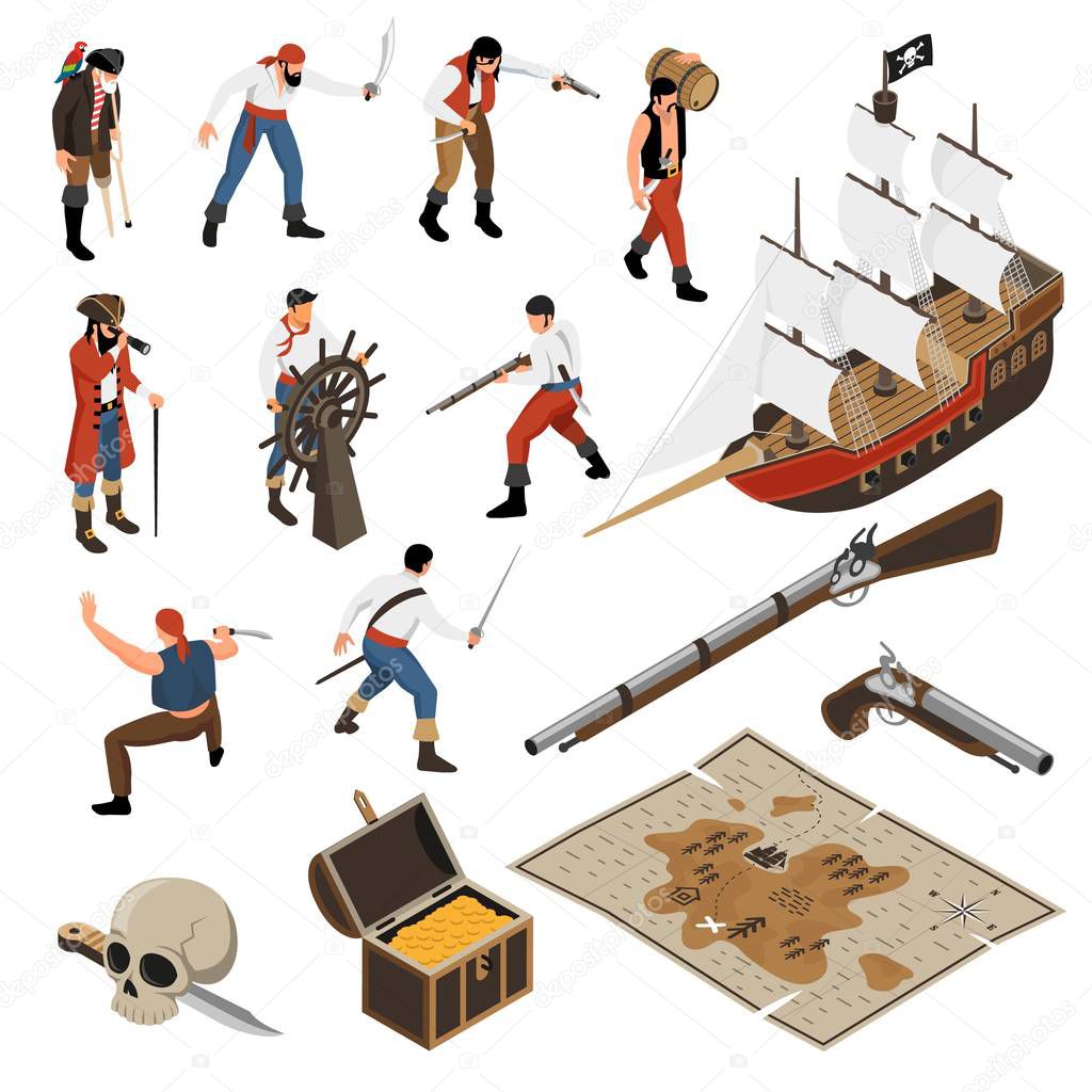 Pirates Isometric Icons Set