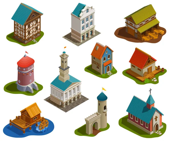 Medieval Buildings Isometric Set — Stock Vector