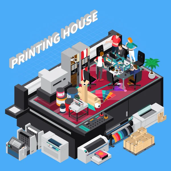 Printing House Isometric Composition — Stock Vector