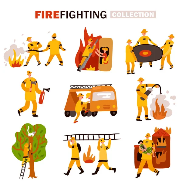 Conjunto de iconos planos de lucha contra incendios — Vector de stock