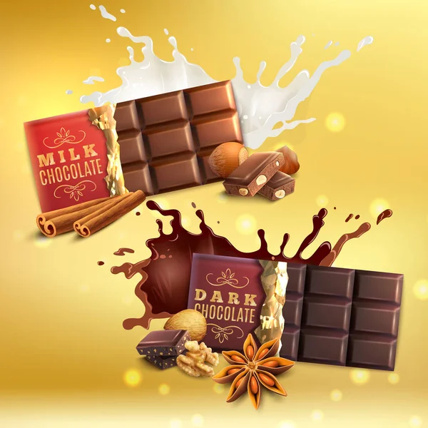 Mleko i ciemnej czekolady kompozycje — Wektor stockowy