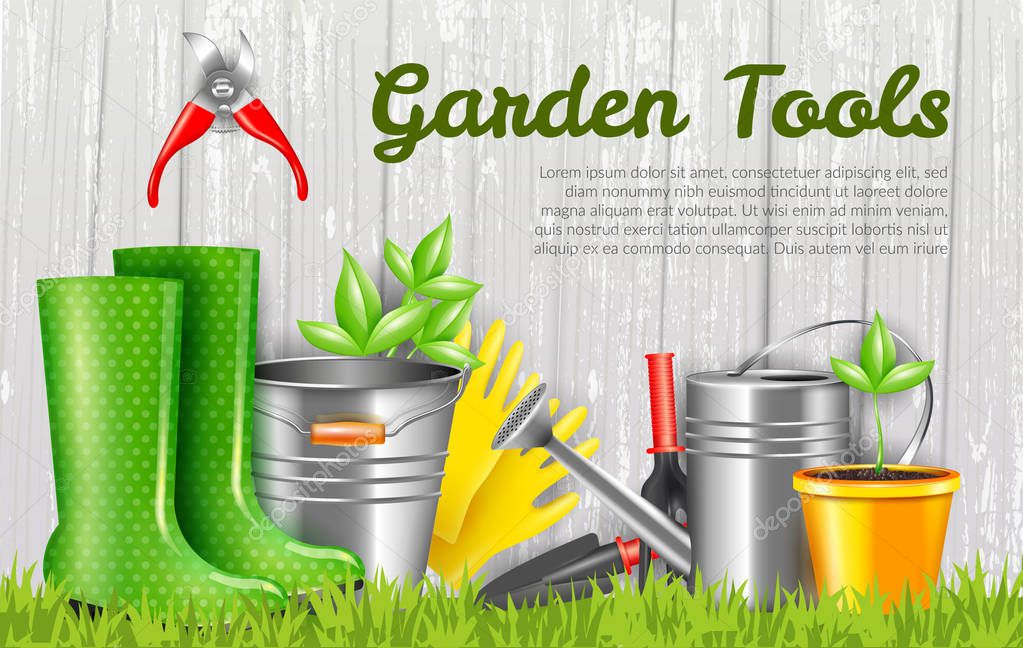 Realistic Garden Tools Horizontal Illustration