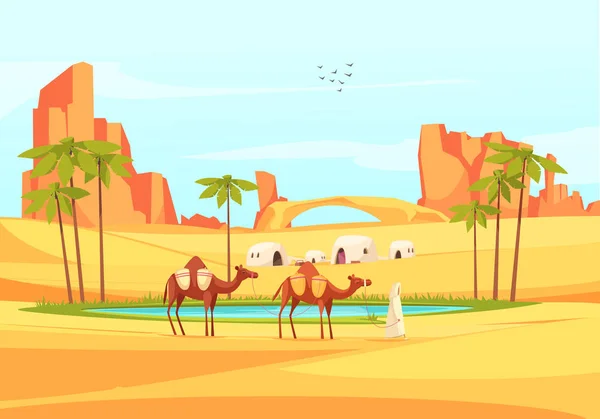 Woestijn oase kamelen samenstelling — Stockvector