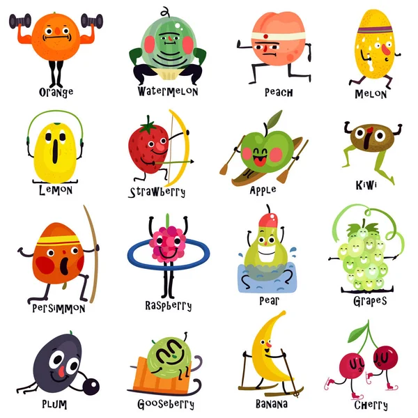 Juego de dibujos animados de frutas divertidas — Vector de stock