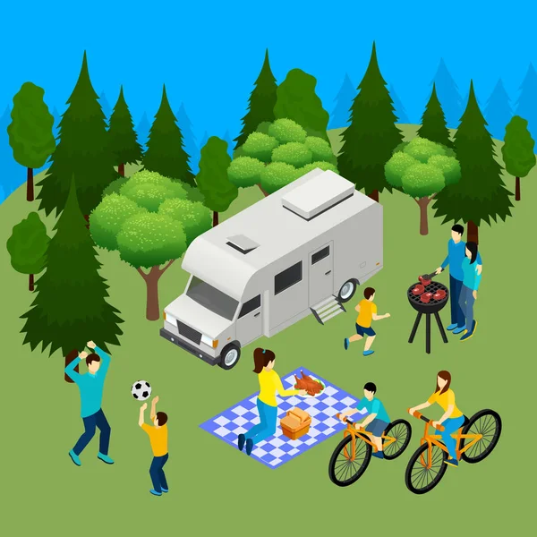 Familie Picknick Isometrische samenstelling — Stockvector