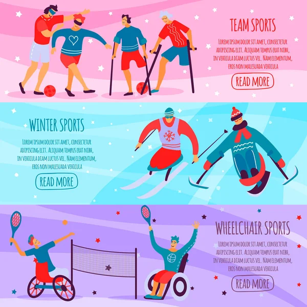 Three Horizontal Disabled People Sport Flat Banner Set Team Winter — Stock Vector