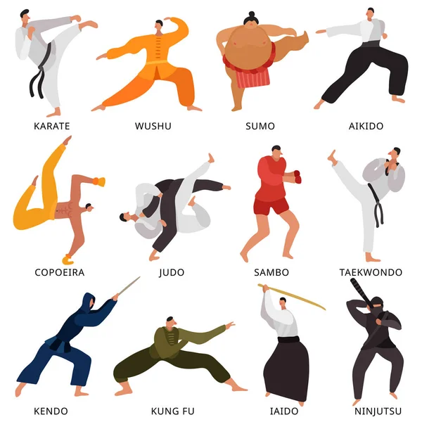 Conjunto plano de luchadores de artes marciales — Vector de stock