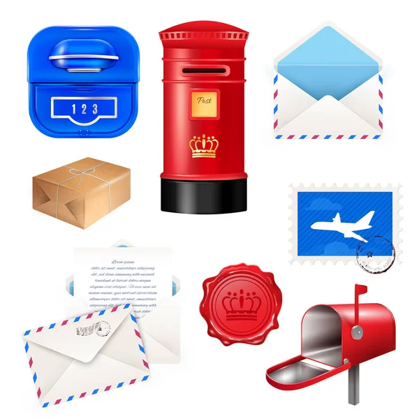 Posta realistica casella di posta set di lettere — Vettoriale Stock