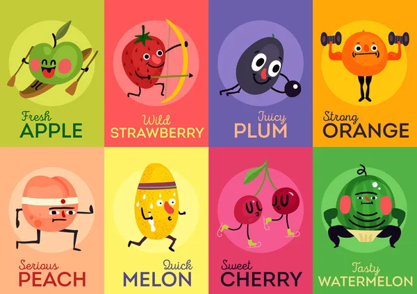 Cartões de frutas engraçadas dos desenhos animados — Vetor de Stock
