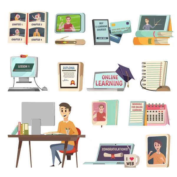 Educación en línea iconos ortogonales — Vector de stock