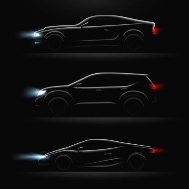 Üç gerçekçi araba profil karanlık simge siyah cars ışıklı farlar ile vektör çizim seti