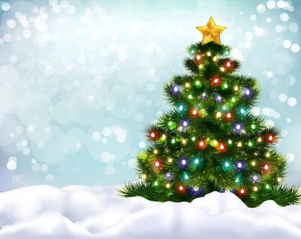 Sfondo Realistico Con Bellissimo Albero Natale Decorato Banche Della Neve — Vettoriale Stock