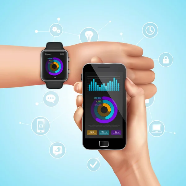 Realistische Slimme Horloge Mobiele Technologie Compositie Bij Synchronisatie Vanaf Smartphone — Stockvector