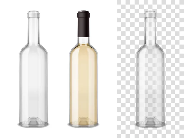 空和密封的瓶盖填充葡萄酒玻璃瓶现实设置白色和透明混合背景矢量插图 — 图库矢量图片