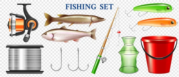 Elementos de pesca realistas Conjunto transparente — Vector de stock