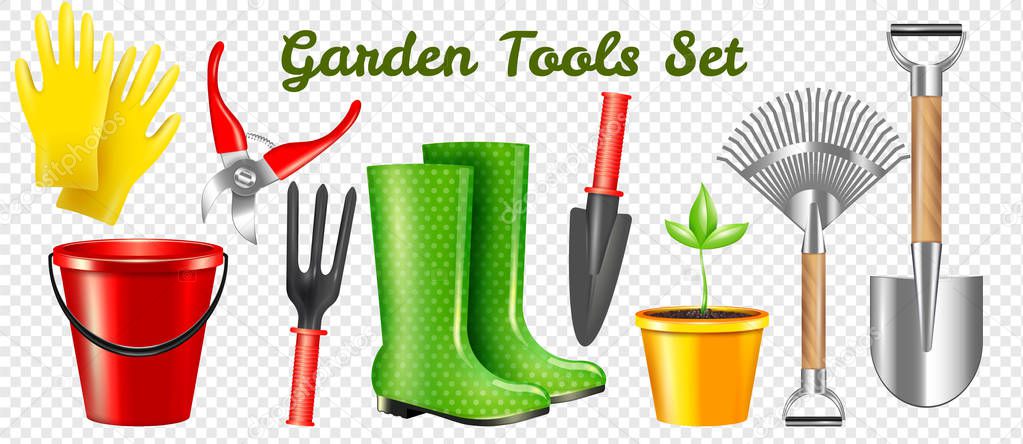 Realistic Garden Tools Transparent Set