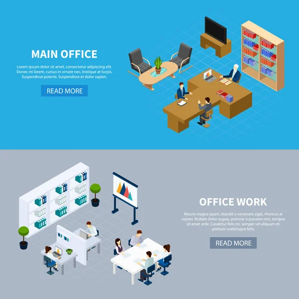 Main Management Office Work Isometric Horizontal Banners Grey Blue Background — Stock Vector