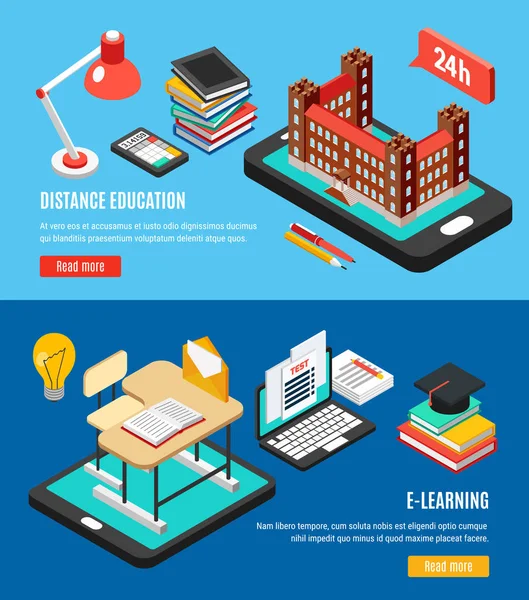 Ensemble de bannières isométriques d'éducation — Image vectorielle