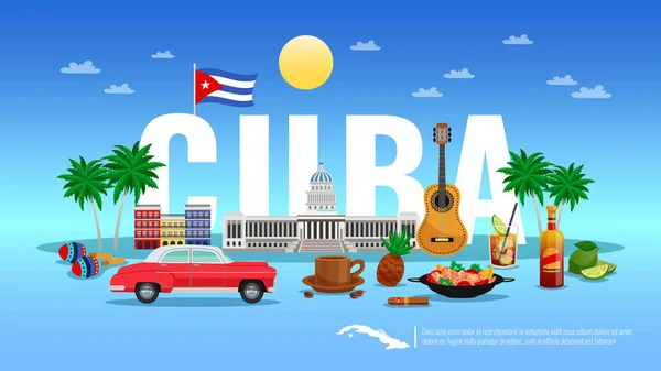 Cuba Travel Bakgrund Med Resort Och Holiday Symboler Platt Vektorillustration — Stock vektor