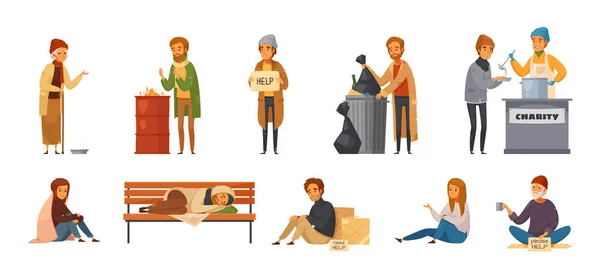 Gente sin hogar conjunto de iconos de dibujos animados — Vector de stock