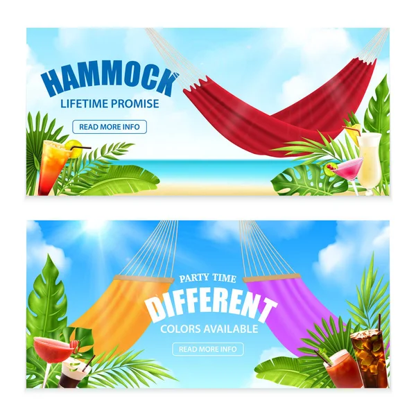 Insieme realistico dell'insegna tropicale del hammock — Vettoriale Stock