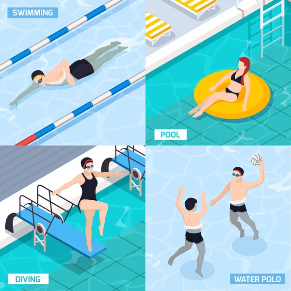 Swimming Pool Isometric Concept Icons Set — Stock Vector