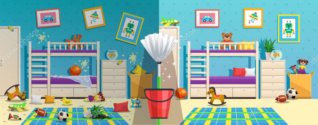 Messy Children Room Before After — Stock Illustration Messy Children Room Before After Stock Illustration