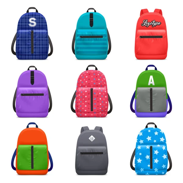 Conjunto de mochilas escolares realistas — Vetor de Stock