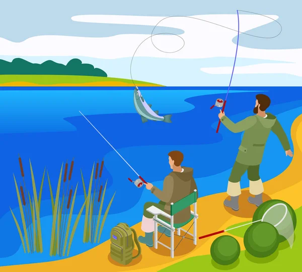 Pescatori Composizione isometrica — Vettoriale Stock