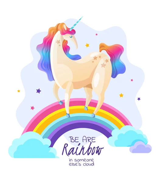 Einhorn auf Regenbogen magische Illustration — Stockvektor