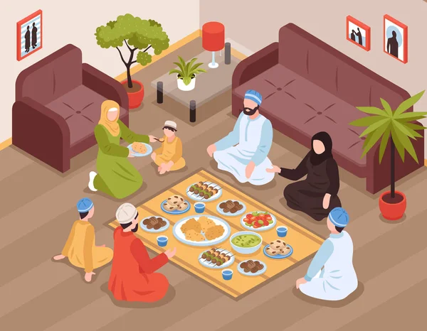 아랍 가족 식사 그림 — 스톡 벡터