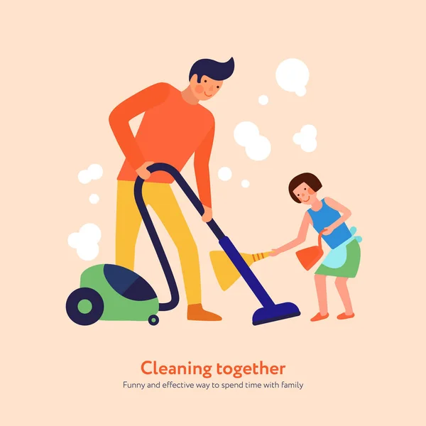 Padre figlia pulizia insieme illustrazione — Vettoriale Stock