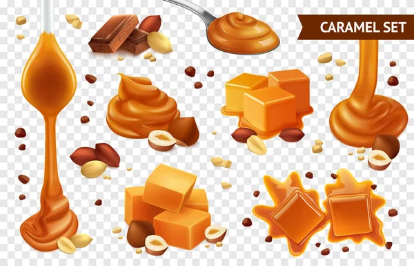 Ensemble d'icône de noix de chocolat au caramel réaliste — Image vectorielle