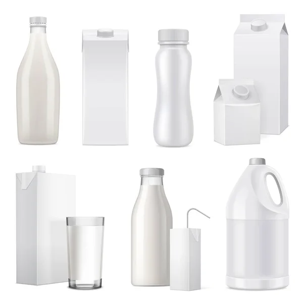 Realistiska mjölk flaska paketet Ikonuppsättning — Stock vektor