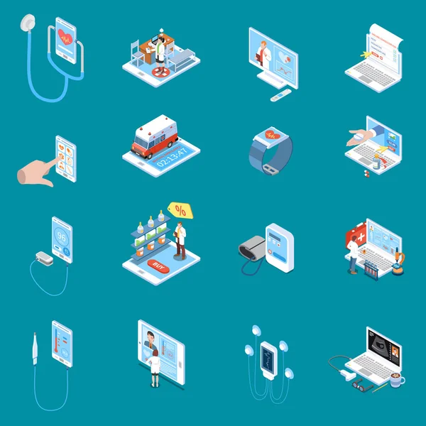 Ισομετρική εικόνες ψηφιακής κινητής υγείας — Διανυσματικό Αρχείο
