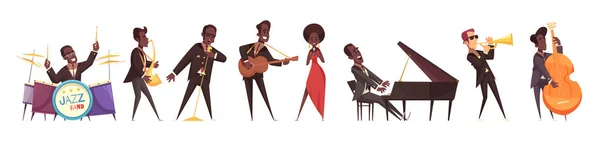 Músicos Jazz Conjunto Personagens Humanos Estilo Cartoon Isolado Pessoas Tocando —  Vetores de Stock