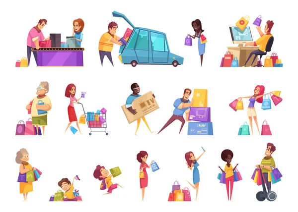 Cartoon Shopaholics conjunto de ícones — Vetor de Stock
