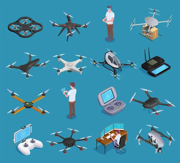 Drones Quadrocopters Isometrische set — Stockvector