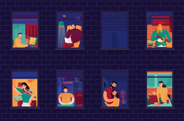 Neighbors In Windows Night Illustration — Stock Vector