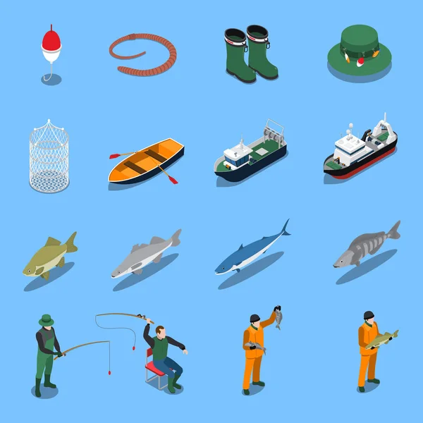 Ensemble d'icônes isométriques de pêche — Image vectorielle