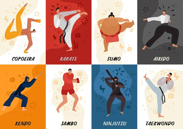 Artes marciales Tarjetas planas — Vector de stock