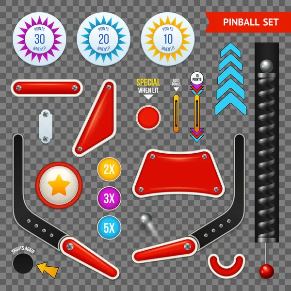 Pinball Elementi trasparente Icona Set — Vettoriale Stock
