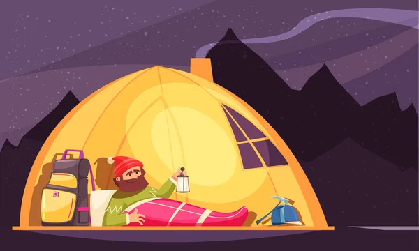 등산 산악인 텐트 만화 — 스톡 벡터