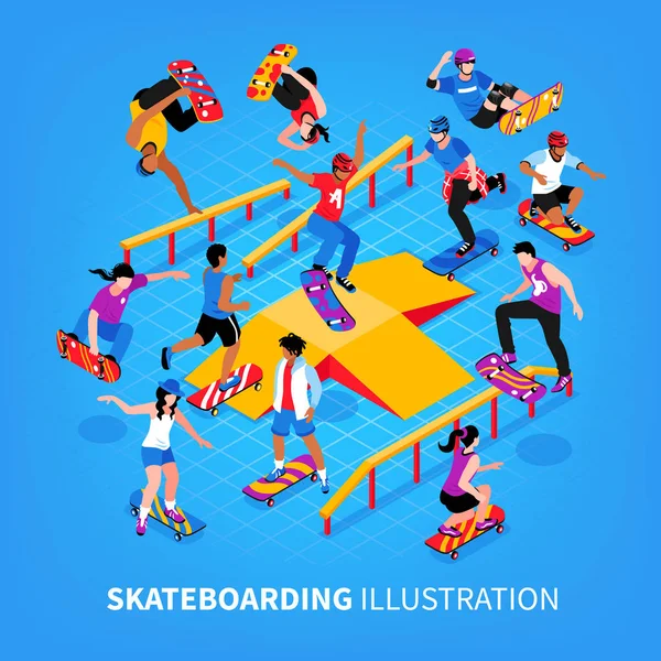 Skateboarding izometrické pozadí složení — Stockový vektor