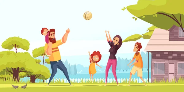 Família jogando bola ilustração dos desenhos animados —  Vetores de Stock
