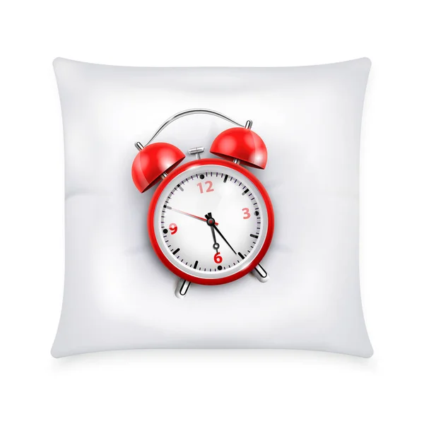 Reloj despertador rojo retro en almohada blanca — Vector de stock