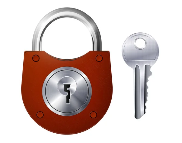 New Red Padlock And Metallic Key — Stock Vector