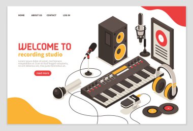 Stüdyo poster müzik aletleri mikrofon kulaklık amplifikatör CD izometrik simgeler vektör çizim ile kayıt için hoş geldiniz 