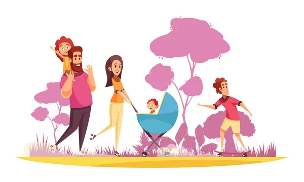 Illustrazione del fumetto della passeggiata estiva della famiglia — Vettoriale Stock