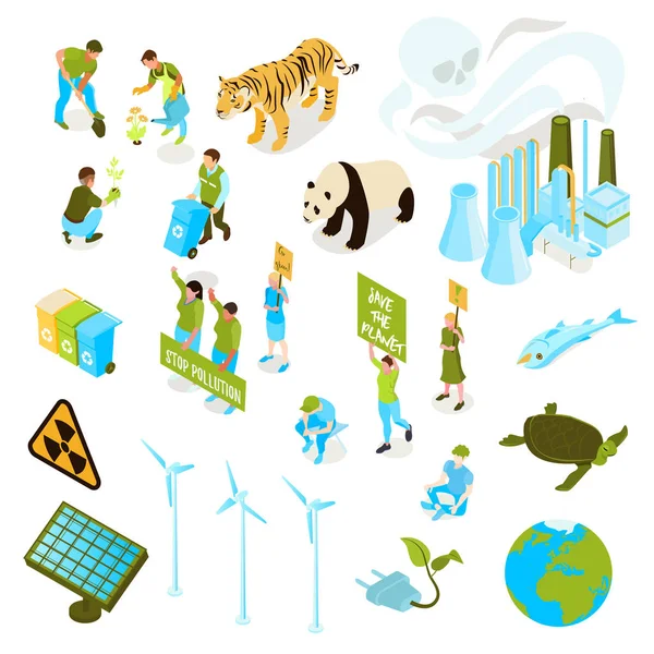 Set di icone sull'inquinamento ecologico isometrico — Vettoriale Stock